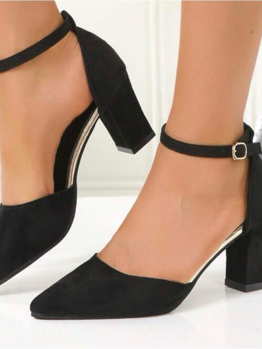 ANTONIO MELANI Black Suede Pointed Block Heel Ankle Strap Pumps